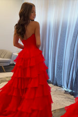 Strapless Red Corset Prom Dress with Tiered Chiffon A-Line Skirt