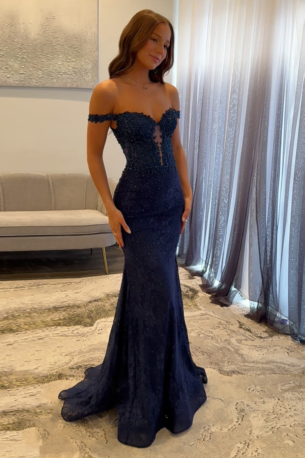 Navy Mermaid Prom Dress with Sparkly Lace and Off-the-Shoulder Corset