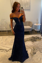 Navy Mermaid Prom Dress with Sparkly Lace and Off-the-Shoulder Corset
