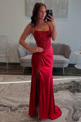Long Red Satin Prom Dress with Glitter and Ruched Slit