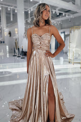 Long Ruched A-Line Prom Dress in Metallic Gold with Slit