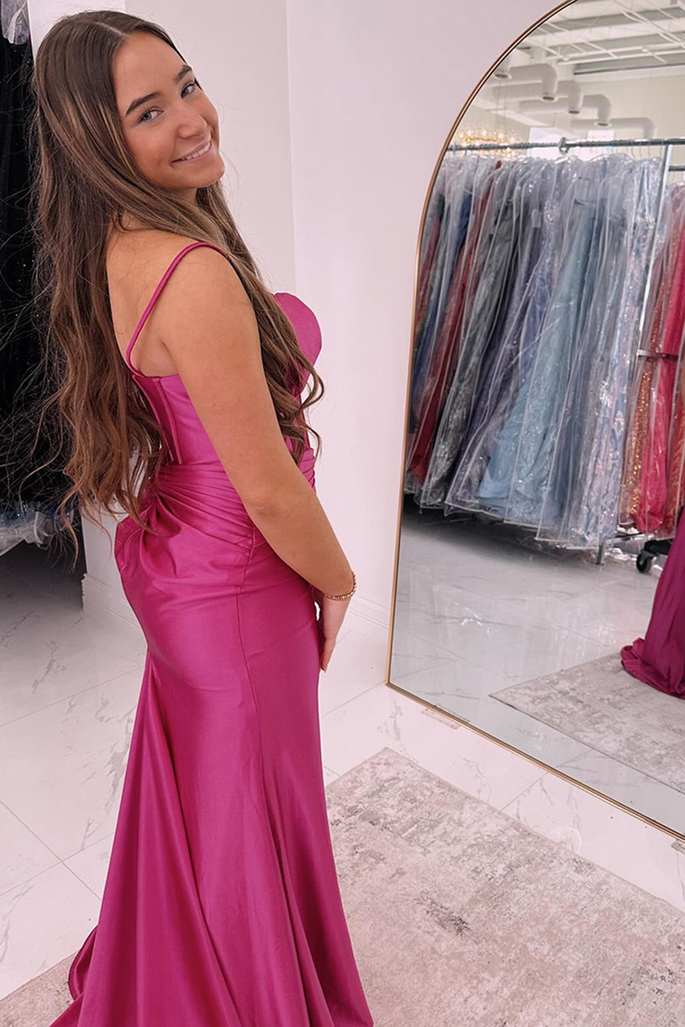 Long Prom Dress in Fuchsia Satin with Mermaid Silhouette and Spaghetti Straps