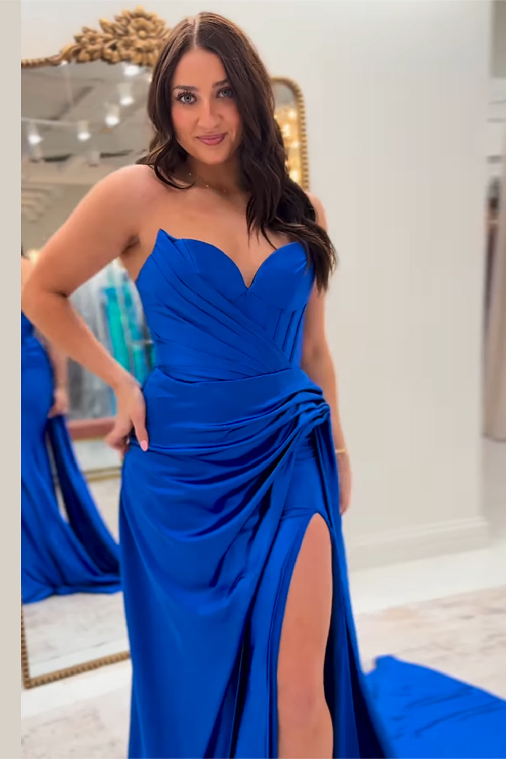 Strapless Long Mermaid Prom Dress in Royal Blue Satin with Slit