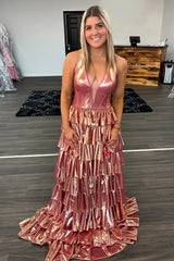 Gold Metallic Long Corset Ball Gown with Tiered Skirt and Slit for Prom