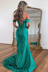 Long Satin Mermaid Prom Dress in Emerald Green with Slit Corset
