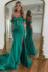 Long Satin Mermaid Prom Dress in Emerald Green with Slit Corset