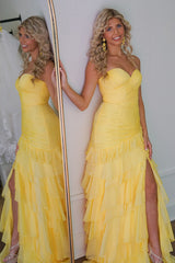 Sweetheart Long Prom Dress in Yellow Tiered Chiffon