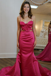Long Red Satin Prom Dress with Mermaid Cut-Out and Floral Details