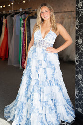Long Corset Prom Dress in White Blue with Tulle Ball Gown