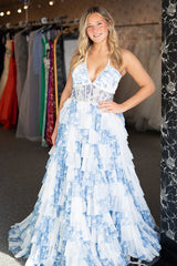 Long Corset Prom Dress in White Blue with Tulle Ball Gown
