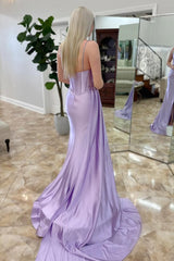Long Beaded Lilac Prom Dress in Satin with Sheath Silhouette and Slit