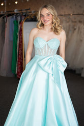 Long A-Line Prom Dress in Light Green Satin with Corset and Bow