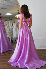 Long Satin Prom Dress with Lavender Ruffles and Square Neckline