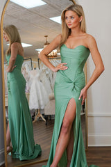 Long Strapless Prom Dress in Sage with Satin Ruched Detail