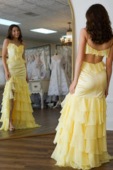 Long Prom Dress in Yellow Satin with Tiered Ruffles and Flower Accent