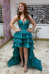 Tiered High Low Prom Dress in Peacock Green Satin with A Line Design