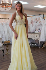 Long A-Line Chiffon Prom Dress in Yellow with Applique and Slit