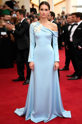 Long Sleeve Blue Satin A-Line Gala Dress with Off-Shoulder Design