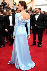 Long Sleeve Blue Satin A-Line Gala Dress with Off-Shoulder Design