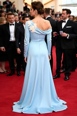 Long Sleeve Blue Satin A-Line Gala Dress with Off-Shoulder Design