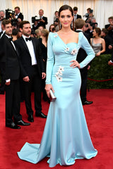 Mermaid Satin Gala Dress in Blue with Long Sleeves and Flower