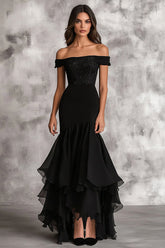 Long Formal Black Mermaid Dress with Chiffon Tiered Applique