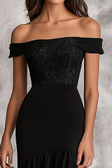 Long Formal Black Mermaid Dress with Chiffon Tiered Applique