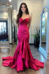 Long Asymmetrical Prom Dress in Fuchsia Mermaid Satin with Ruched Detail
