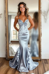 Long Silver Prom Dress with Mermaid Silhouette Satin Ruffles and Ruched Details