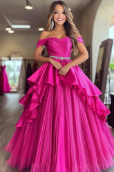 Long Fuchsia Prom Dress in Satin with Pleated Ruffles and Ruched Ball Gown