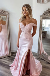Long Off-the-Shoulder Pink Mermaid Prom Dress with Laced Satin and Slit