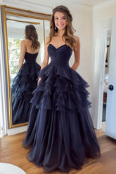 Long Navy Prom Dress in Tulle with Ruffles and Ball Gown Silhouette