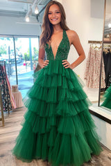 Green Tulle V-Neck Ball Gown with Tiered Beaded Long Prom Dress