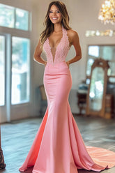 Long V-Neck Prom Dress in Pink Mermaid Satin and Lace