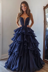 Navy Sparkle Tiered Tulle Ball Gown Long Prom Dress with Beading