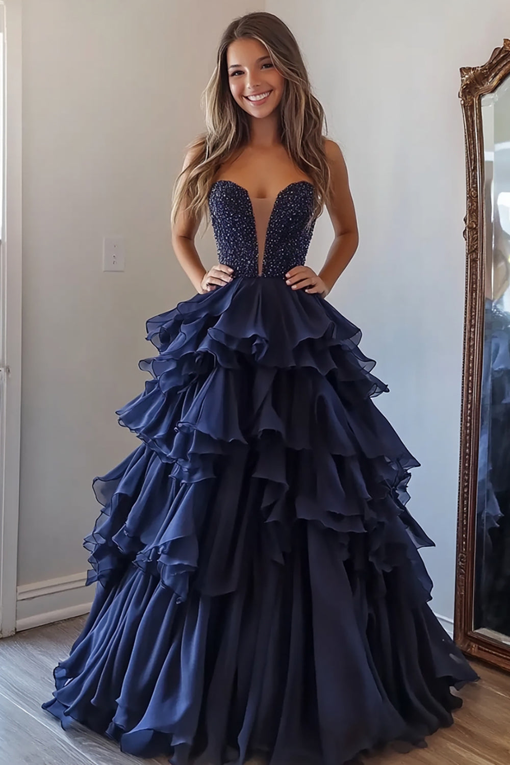 Navy Sparkle Tiered Tulle Ball Gown Long Prom Dress with Beading