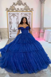Sparkly Royal Blue Off-the-Shoulder Tiered Corset Dress for Quinceanera