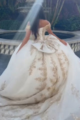 Golden Ball Gown Quinceanera Dress with Sparkly White Appliques