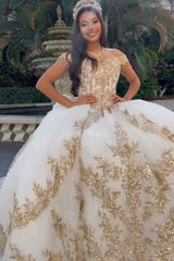Golden Ball Gown Quinceanera Dress with Sparkly White Appliques