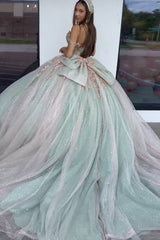 Off-the-Shoulder Quinceanera Dress in Sparkly Green with Appliques