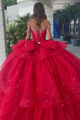 Tiered Off the Shoulder Quinceanera Dress in Sparkly Red with Beading