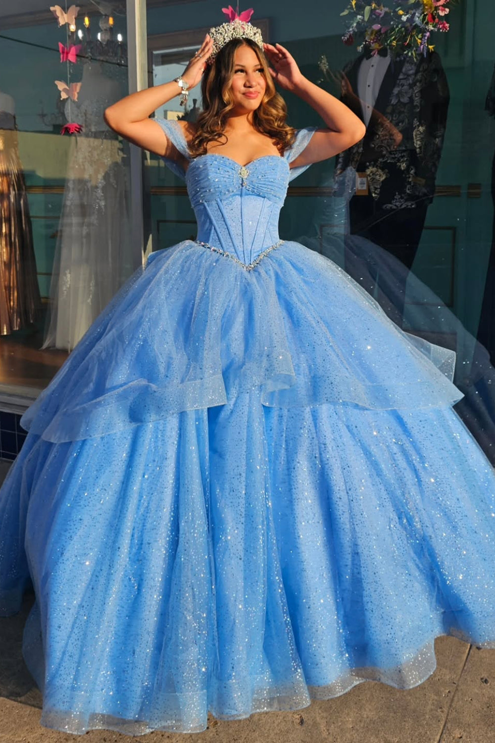 Blue Tiered Quinceanera Ball Gown with Sparkly Corset