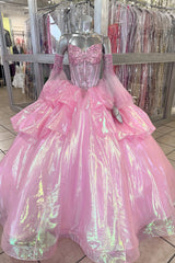Pink Sparkle Corset Princess Gown with Long Sleeves and Beaded Details for Quinceanera