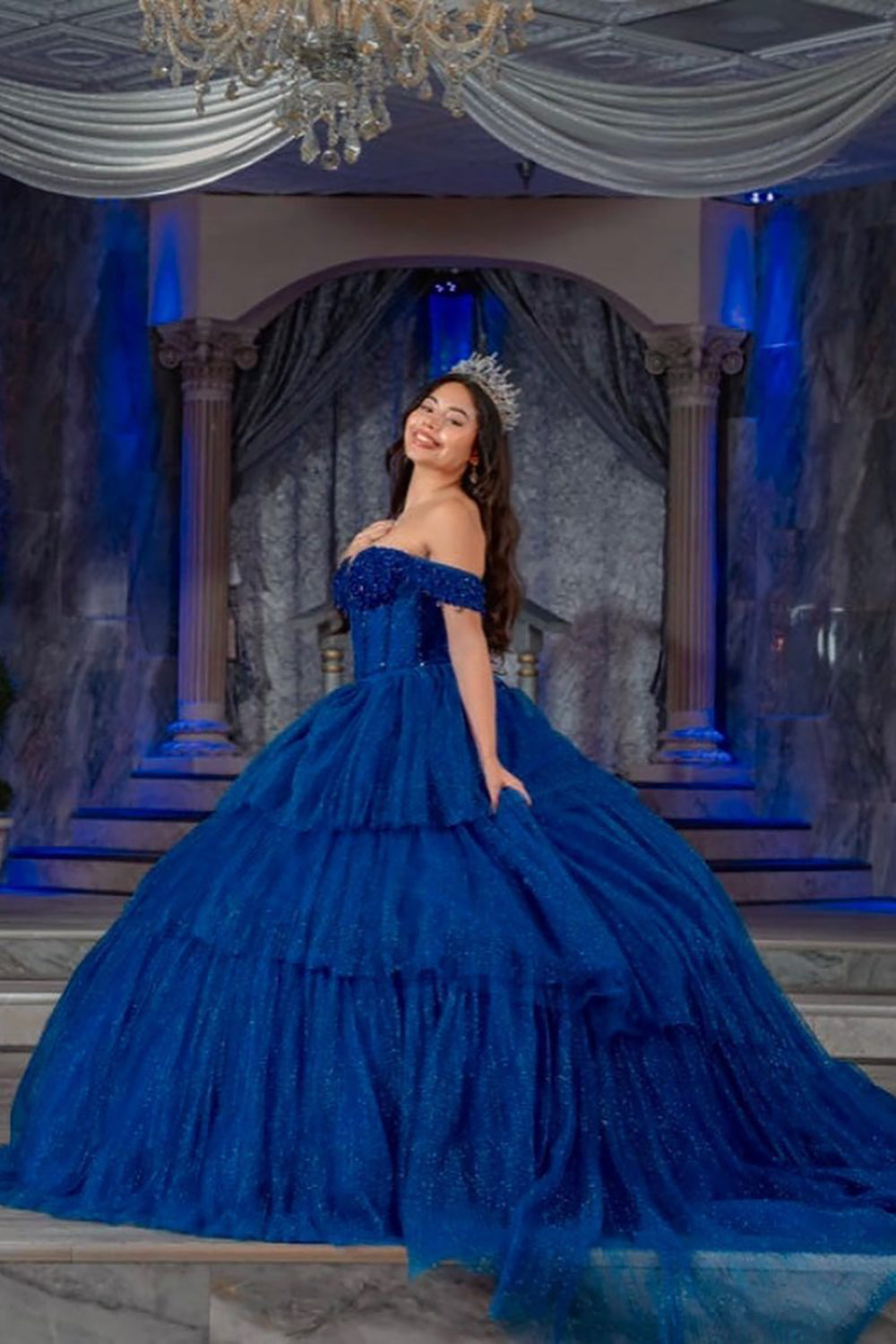 Royal Blue Sparkle Corset Quinceanera Dress with Tiered Tulle Ball Gown