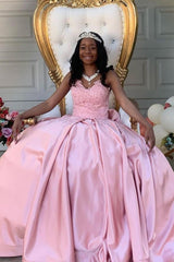 Long Pink Satin Princess Quinceanera Dress with Sweetheart Neckline and Lace