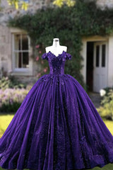 Purple Glitter Corset Princess Gown for Quinceanera with Off-Shoulder Design