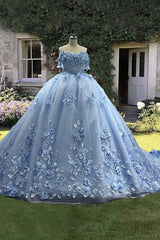 Blue Floral Off-The-Shoulder Princess Ball Gown for Quinceanera