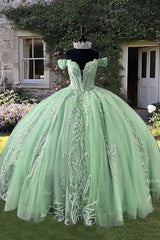 Long Off-the-Shoulder Princess Ball Gown in Sparkly Pink for Quinceanera