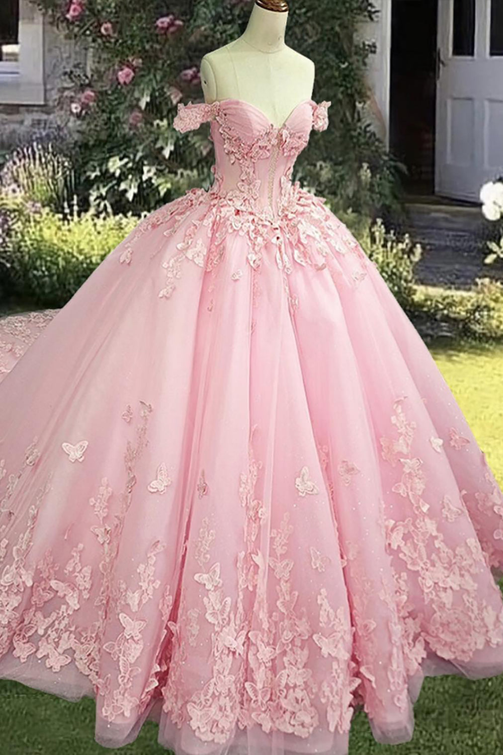 Off-the-Shoulder Pink Ball Gown Corset Dress with Butterflies for Quinceanera