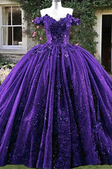 Purple Glitter Corset Princess Gown for Quinceanera with Off-Shoulder Design